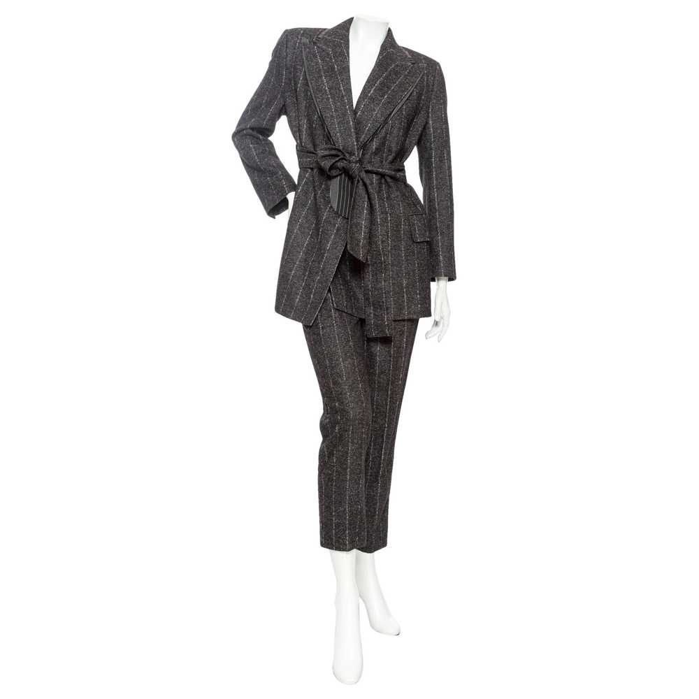 Gray Wool-Blend Pinstriped Belted Suit - image 1