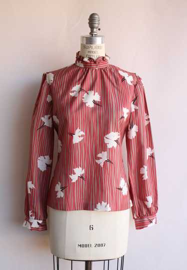 Vintage 1980s Red and White Floral Print and Strip