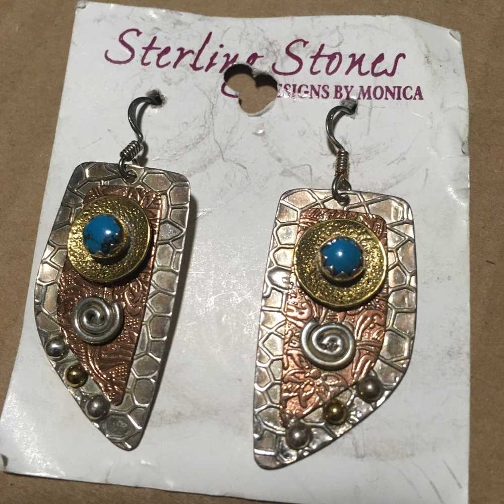 STERLING TURQUOISE VINTAGE MIXED METALS DESIGN EA… - image 1