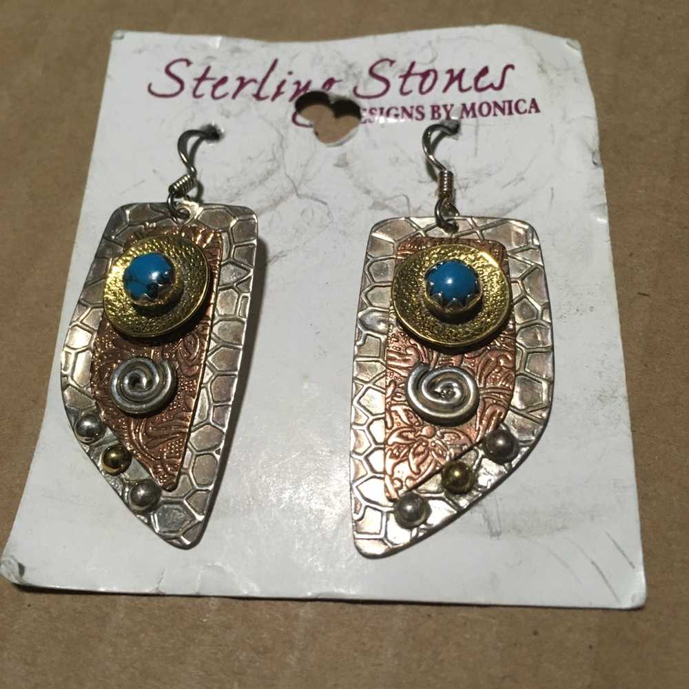 STERLING TURQUOISE VINTAGE MIXED METALS DESIGN EA… - image 2