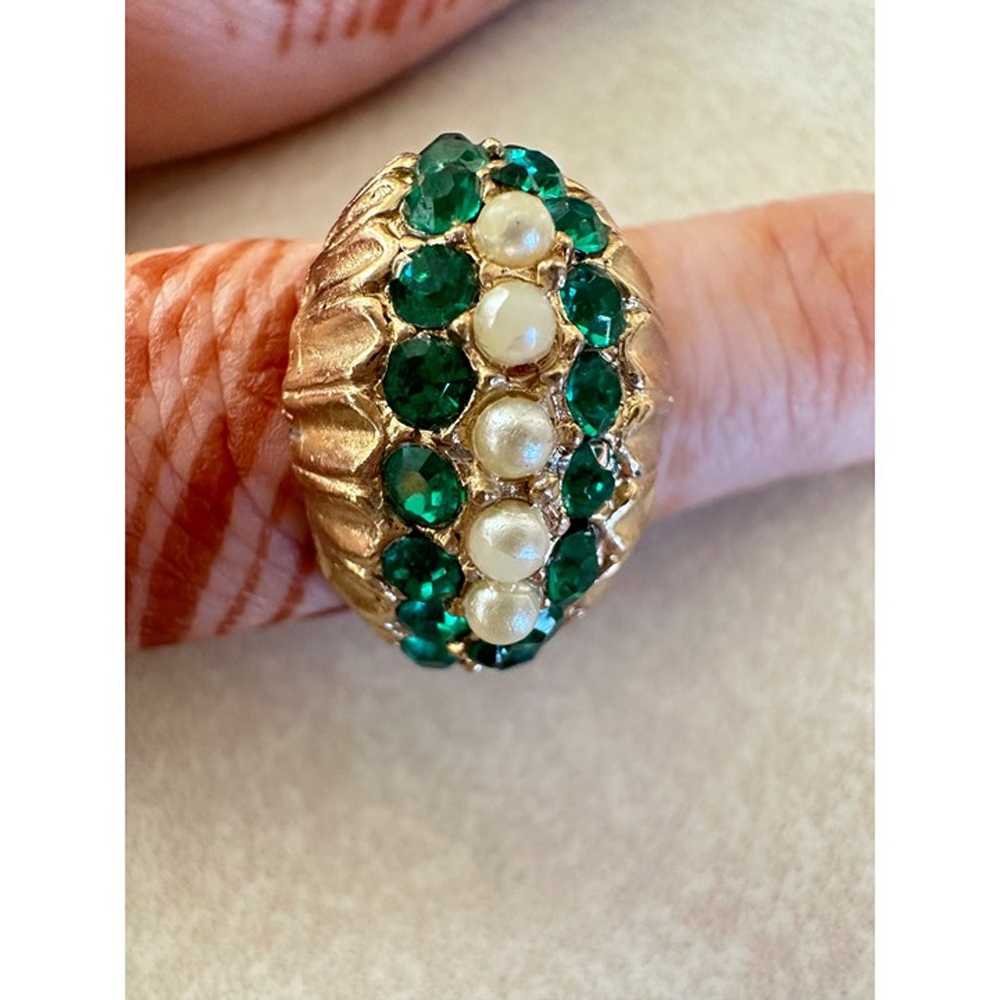 Vintage gold tone emerald green rhinestones faux … - image 4