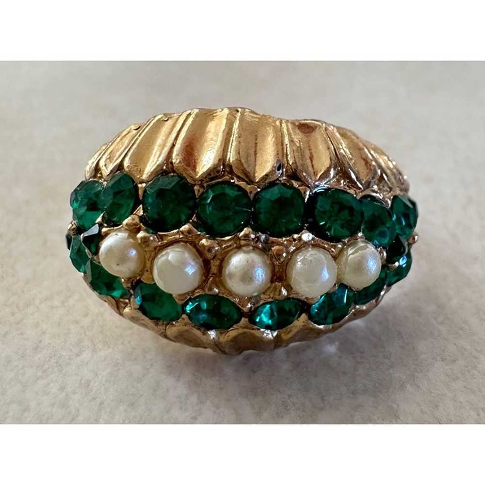 Vintage gold tone emerald green rhinestones faux … - image 6