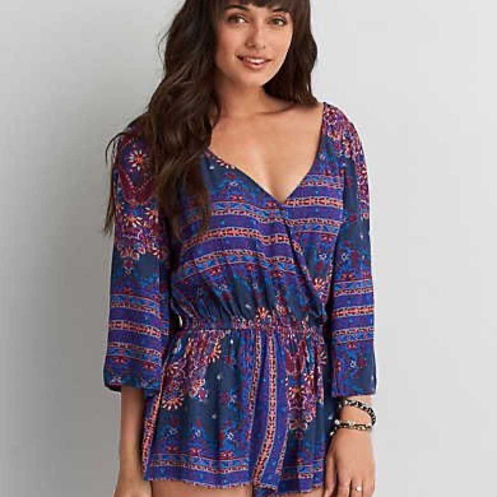 AEO Navy Mixed Media Floral Romper - image 1