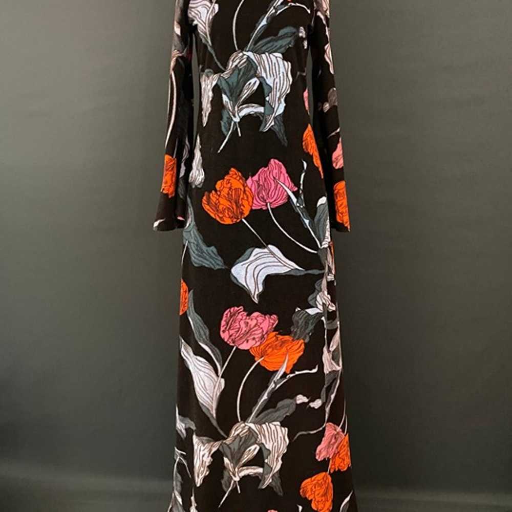 60s Dark Floral Velvet Long Sleeve Maxi Dress - image 1