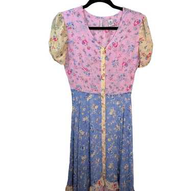 Evie Puff Sleeve Pink & Blue Floral Maxi Dress - image 1