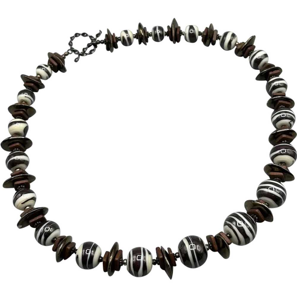 Beaded Glass and Ceramic Beads Necklace Striped B… - image 1