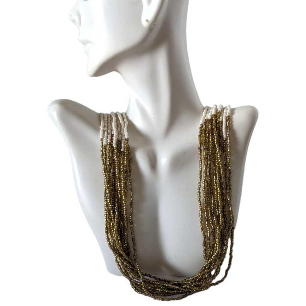 Vintage LONG Multi Strand Gold & White Seed Bead … - image 1