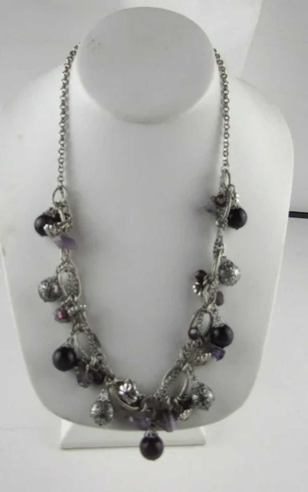 Silver Tone Necklace With Purple Art Glass Baubles - image 10