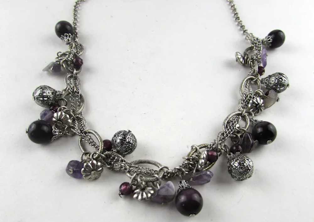 Silver Tone Necklace With Purple Art Glass Baubles - image 11