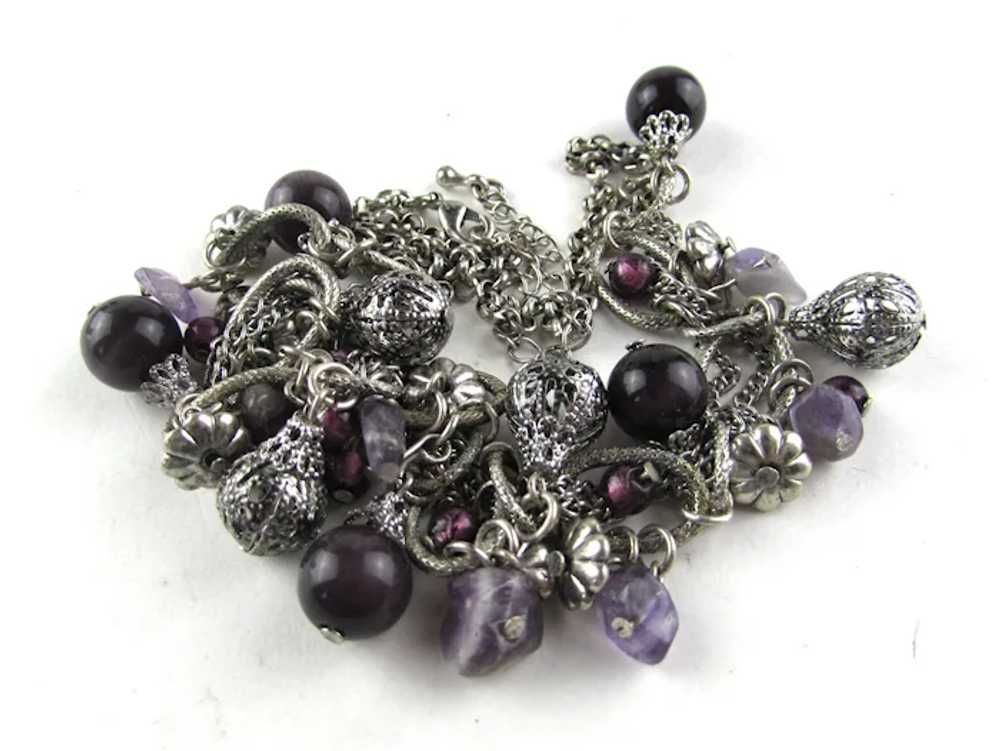 Silver Tone Necklace With Purple Art Glass Baubles - image 12