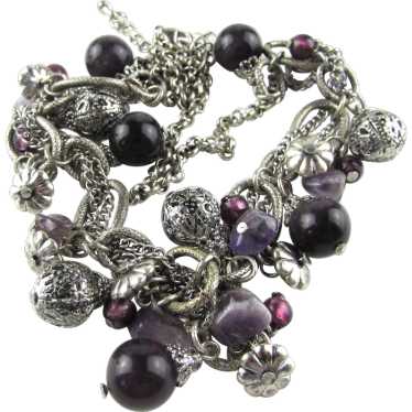 Silver Tone Necklace With Purple Art Glass Baubles - image 1