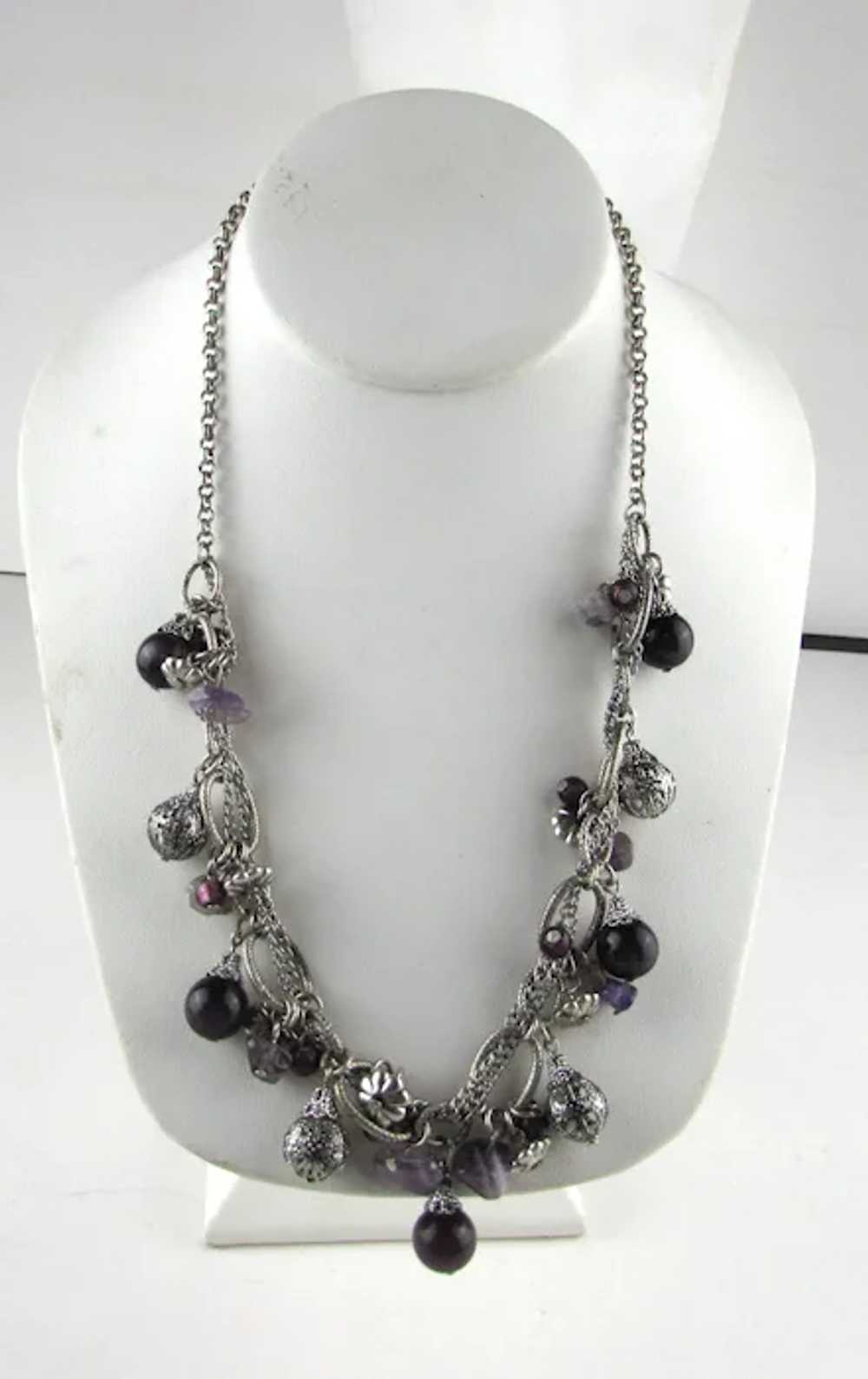 Silver Tone Necklace With Purple Art Glass Baubles - image 2