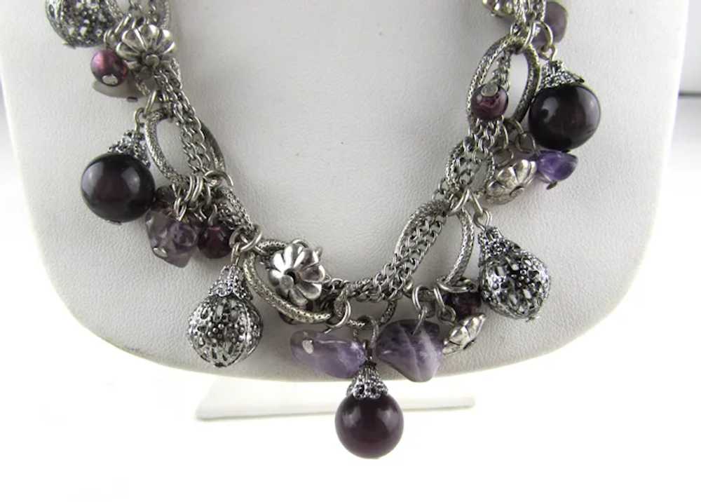 Silver Tone Necklace With Purple Art Glass Baubles - image 3