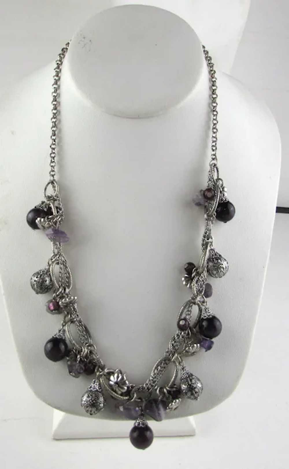 Silver Tone Necklace With Purple Art Glass Baubles - image 4