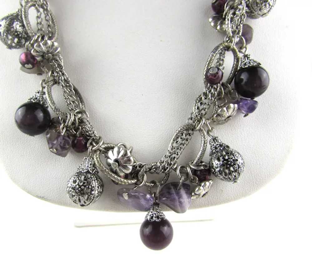 Silver Tone Necklace With Purple Art Glass Baubles - image 5