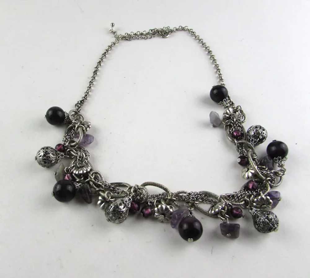 Silver Tone Necklace With Purple Art Glass Baubles - image 6