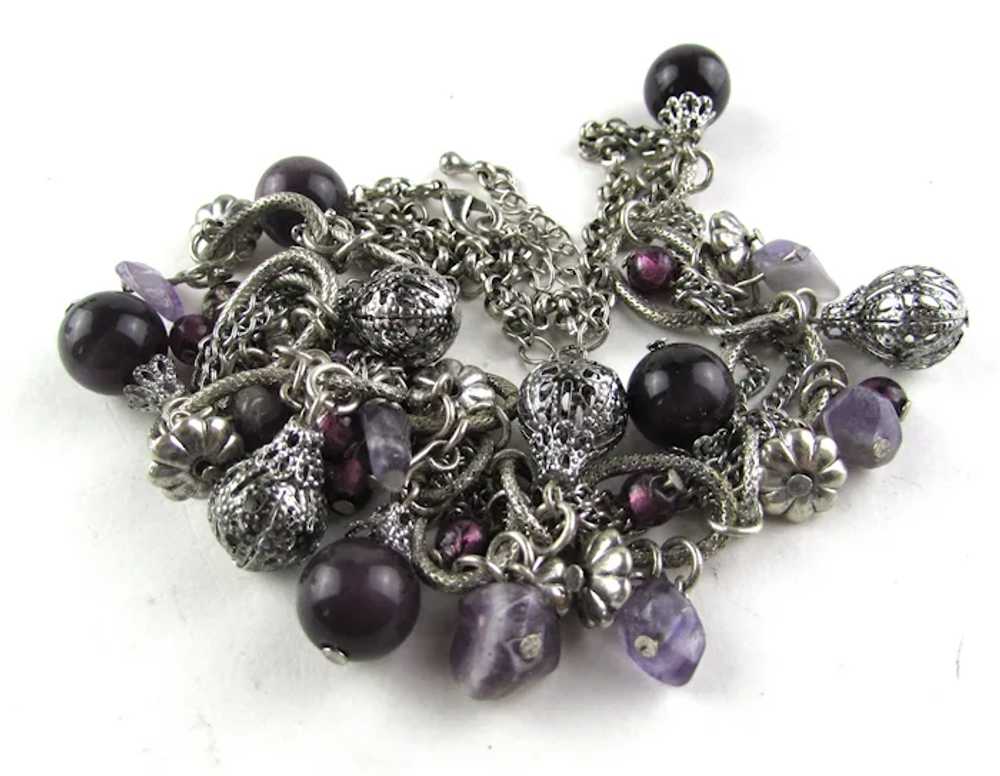Silver Tone Necklace With Purple Art Glass Baubles - image 8