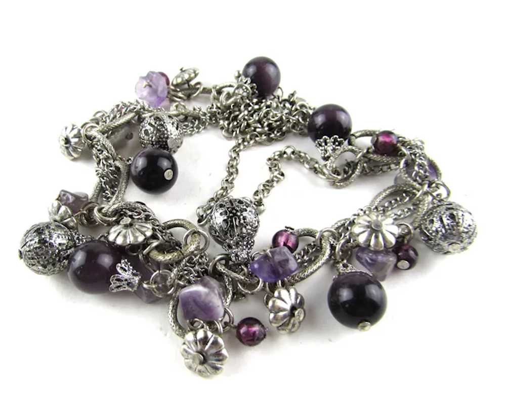 Silver Tone Necklace With Purple Art Glass Baubles - image 9