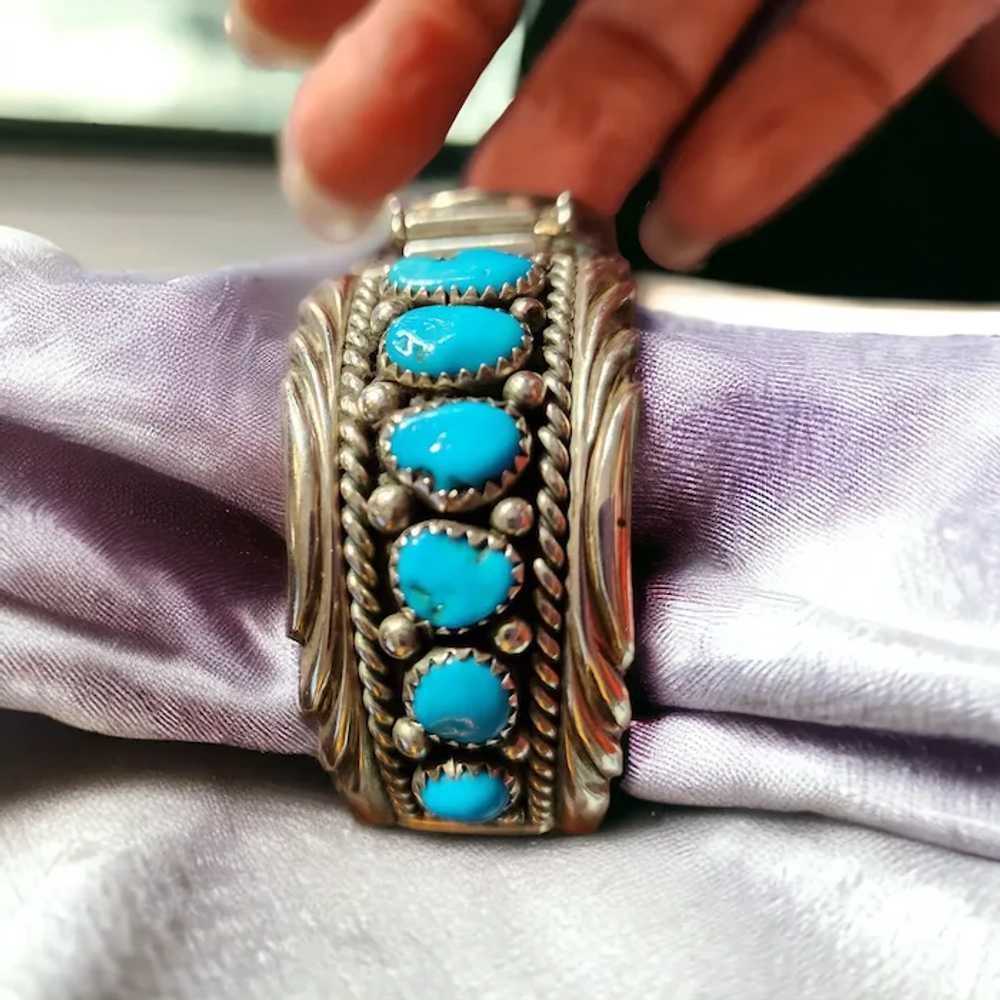 Vintage Navajo Sterling Silver & Turquoise Cuff W… - image 4