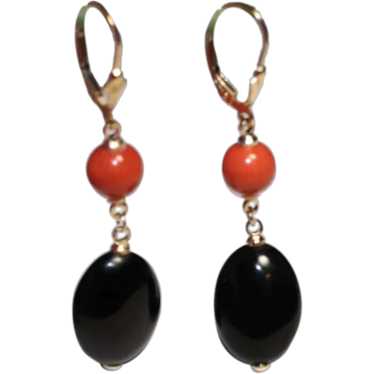 Black Onyx and Coral Drop Earrings