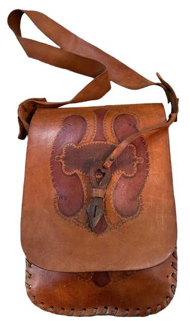 60s Hand Tooled Brown Leather Hippie Handbag with 