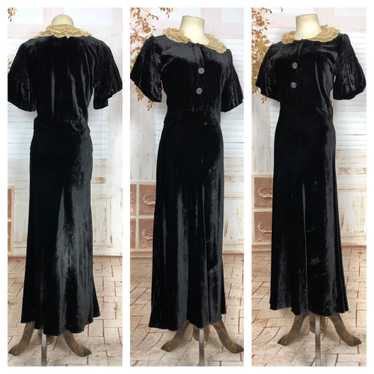 1960S Black Velvet Wriggle Dress Diamond Lace Collar Trim By R&k