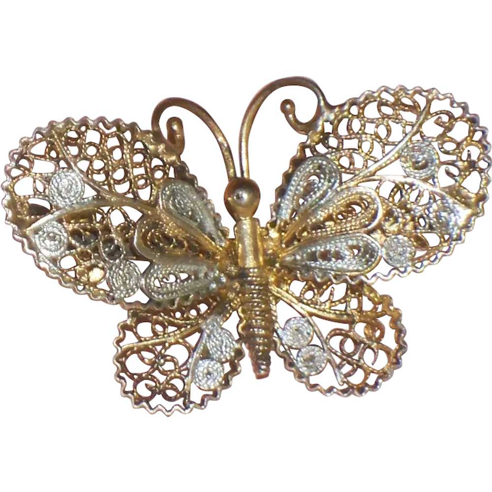 Vintage Gilt 800 Silver Cannetille Butterfly Broo… - image 1