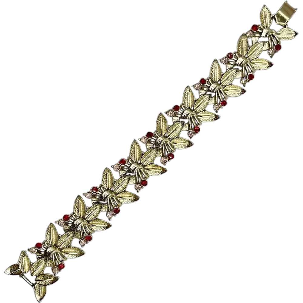 Coro Goldtone Leaves Red Pink Rhinestone Vintage … - image 1