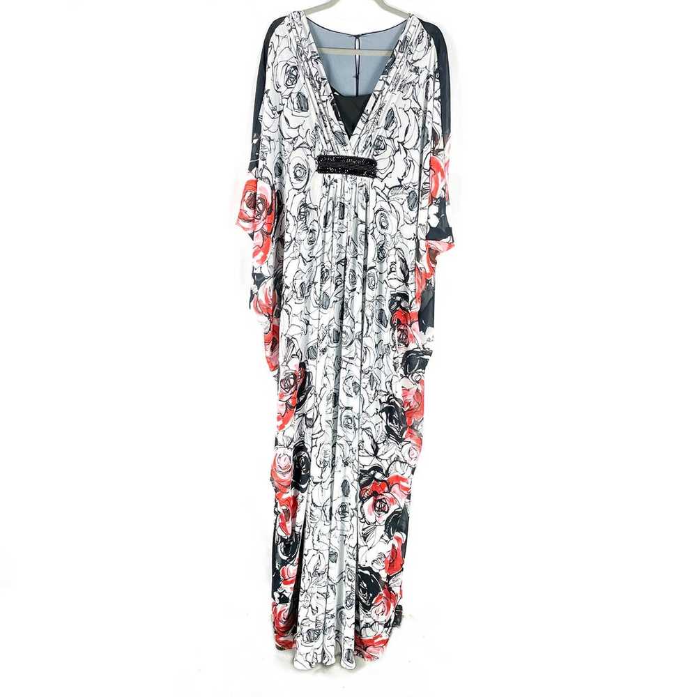 New Teri Jon Floral Caftan Gown V-Neck Black Whit… - image 2