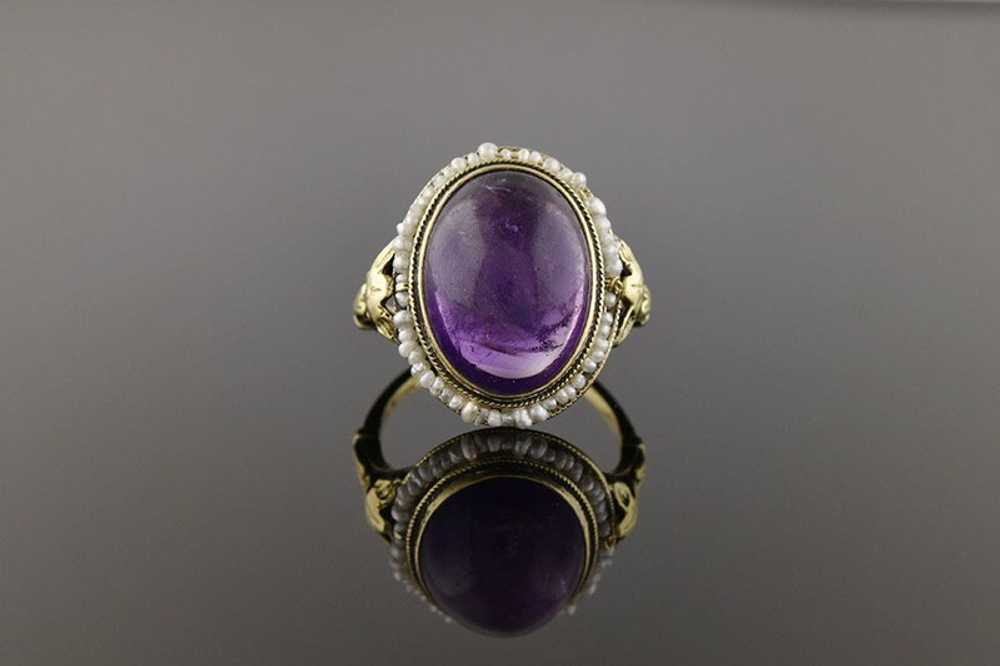 Cabochon Amethyst & Seed Pearl Ring - image 1