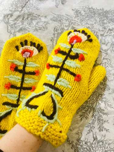 Brooklyn Handknit Yellow Embroidered Hat & Mittens