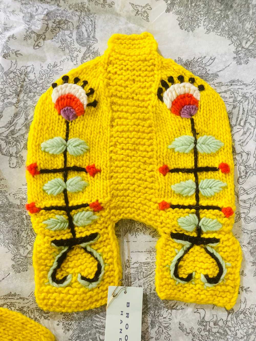 Brooklyn Handknit Yellow Embroidered Hat & Mittens - image 2