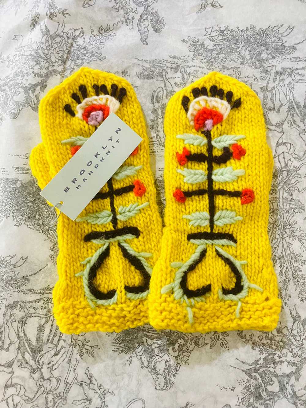 Brooklyn Handknit Yellow Embroidered Hat & Mittens - image 3