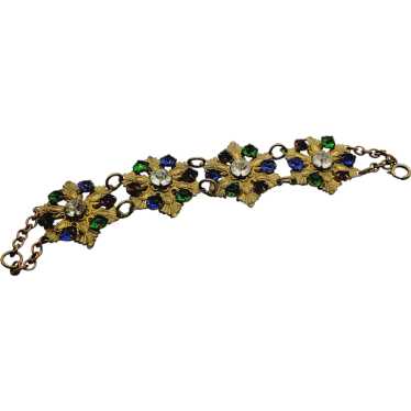 Vintage Czech Jeweled Brass Bracelet (A428)