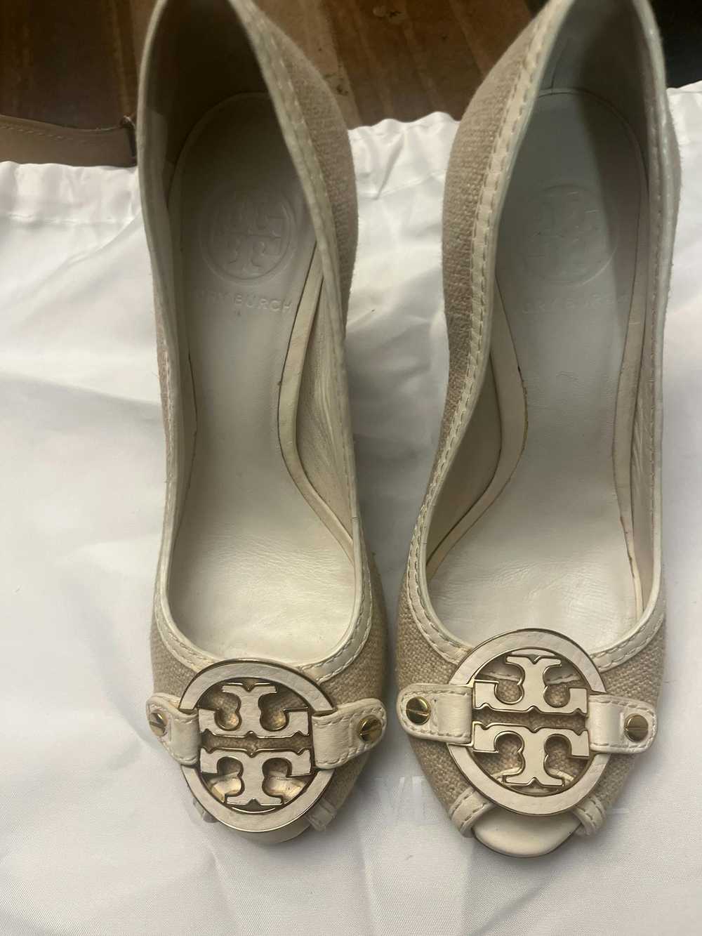 Tory Burch Tory Burch canvas peep toe wedge pumps - image 1