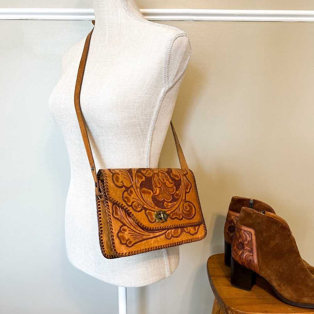 Vintage Tooled Floral Leather Saddlebag Shoulder … - image 1