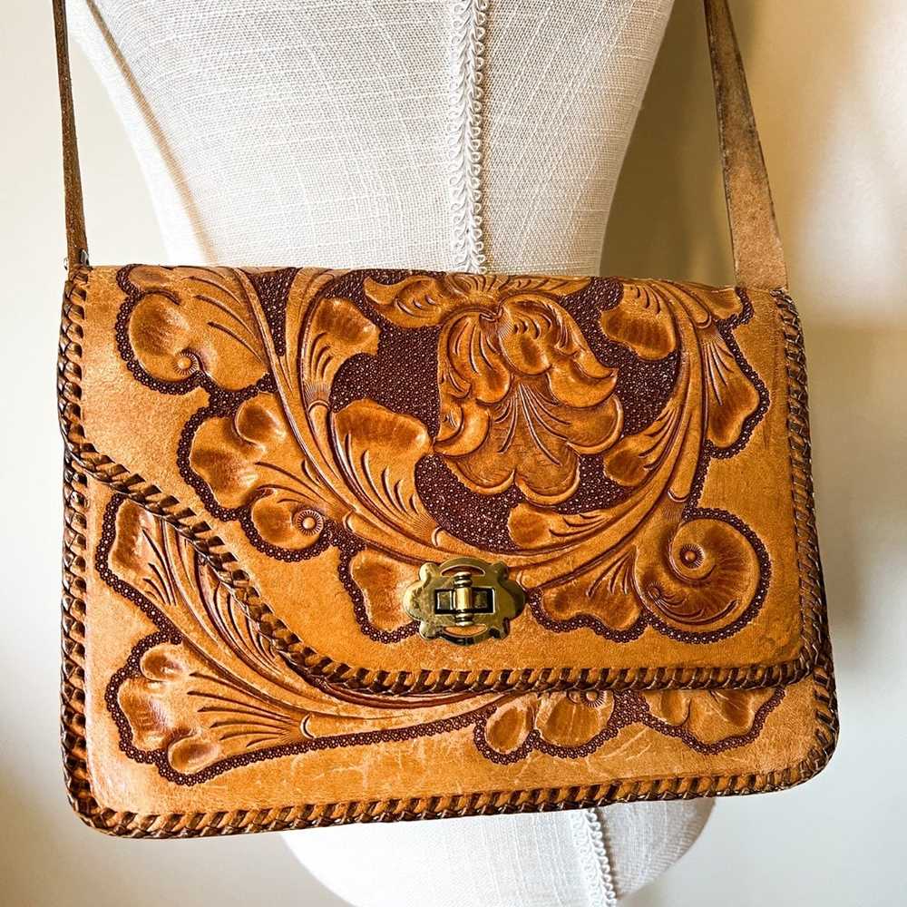 Vintage Tooled Floral Leather Saddlebag Shoulder … - image 2