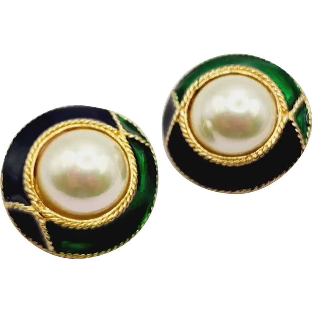 Vintage 80's 2 Tone Enamel Faux Pearl Clip Earrin… - image 1