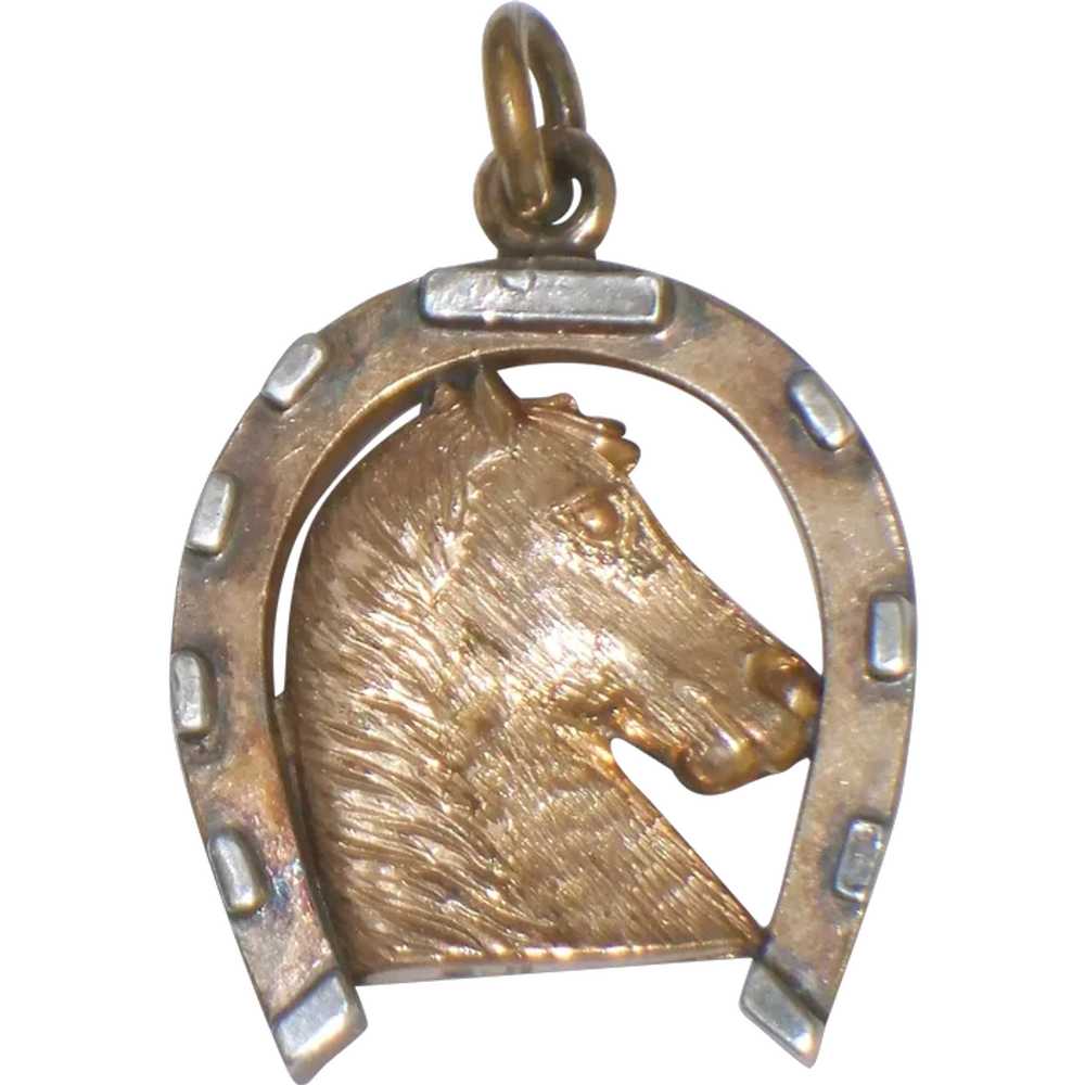 Vintage Horseshoe Fob Two Tone Silver Horse Head … - image 1