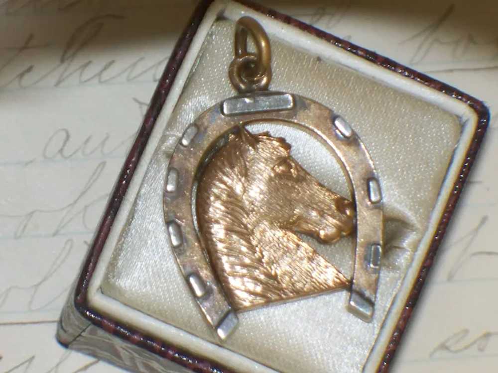 Vintage Horseshoe Fob Two Tone Silver Horse Head … - image 3