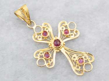 Yellow Gold Filigree Cross Pendant with Ruby Acce… - image 1