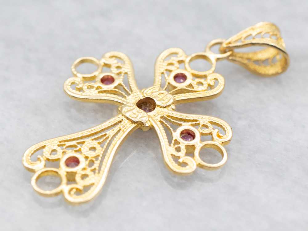 Yellow Gold Filigree Cross Pendant with Ruby Acce… - image 2