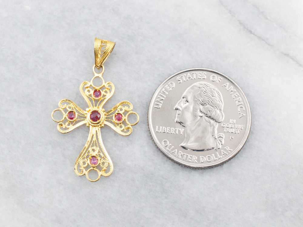Yellow Gold Filigree Cross Pendant with Ruby Acce… - image 3