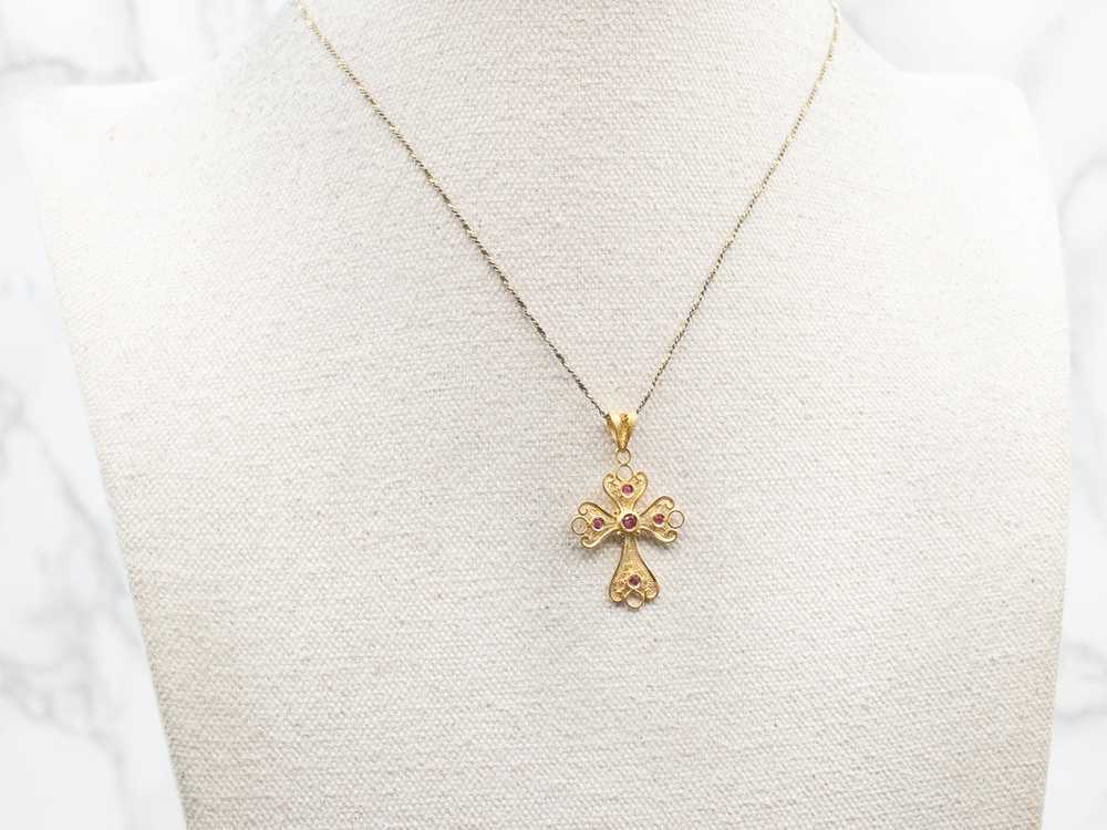 Yellow Gold Filigree Cross Pendant with Ruby Acce… - image 4