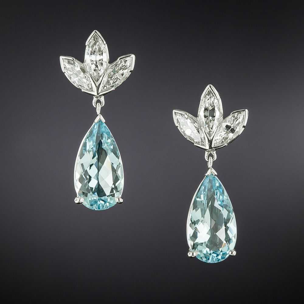 Mid-Century Diamond and Aquamarine Drop Earrings - image 1