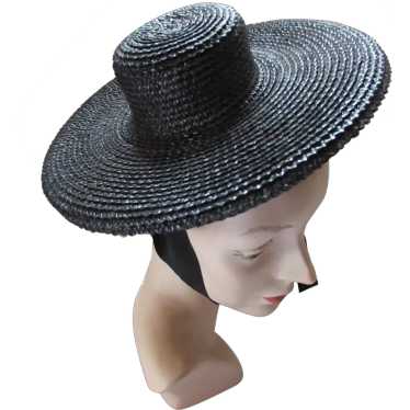 SALE Cute Mid Century Black Straw Hat Tiny Round … - image 1