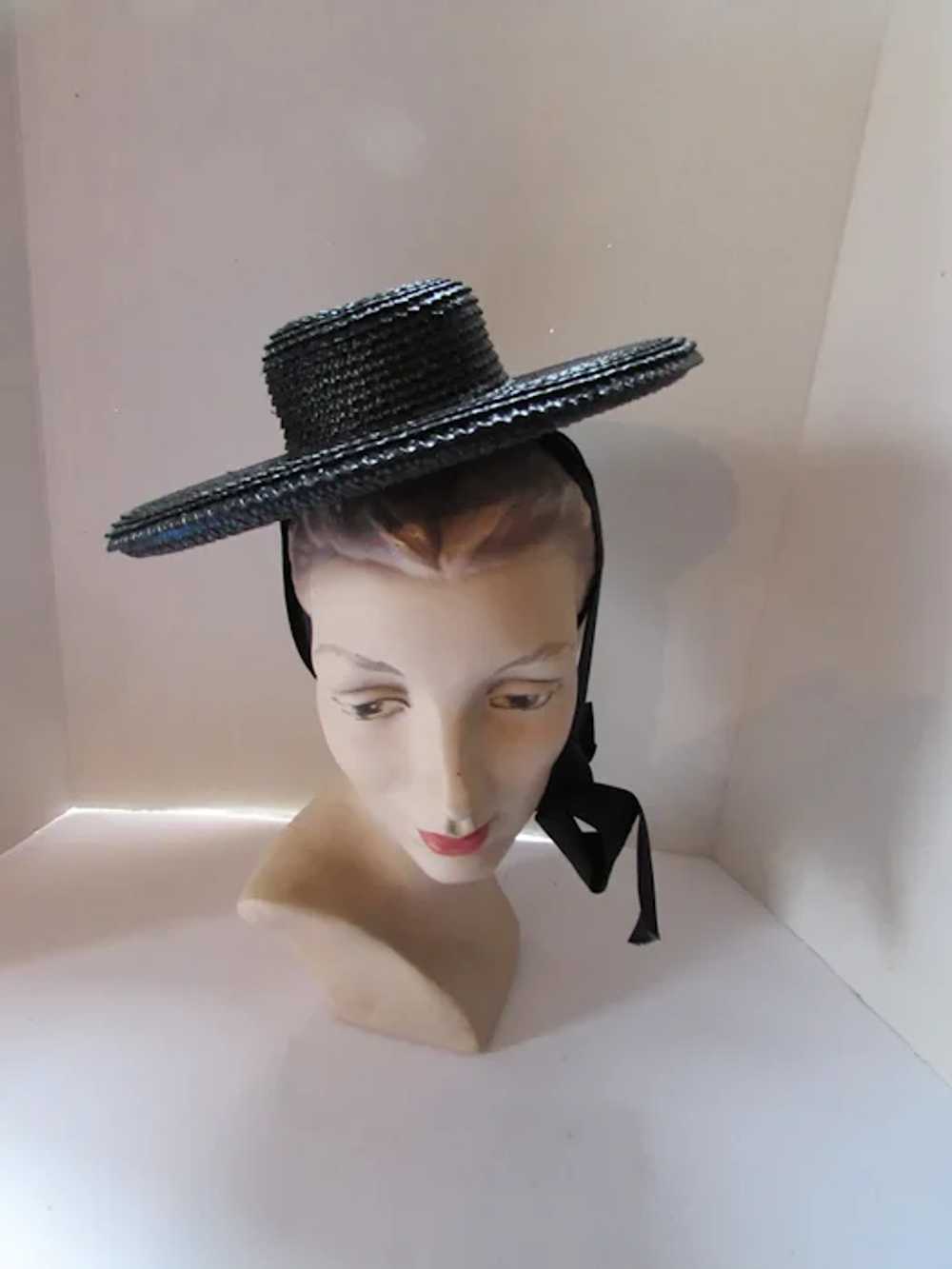 SALE Cute Mid Century Black Straw Hat Tiny Round … - image 3