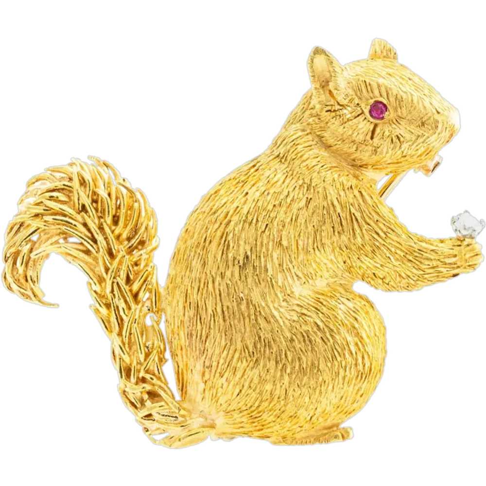 Diamond Ruby Yellow Gold Squirrel Clip Brooch - image 1