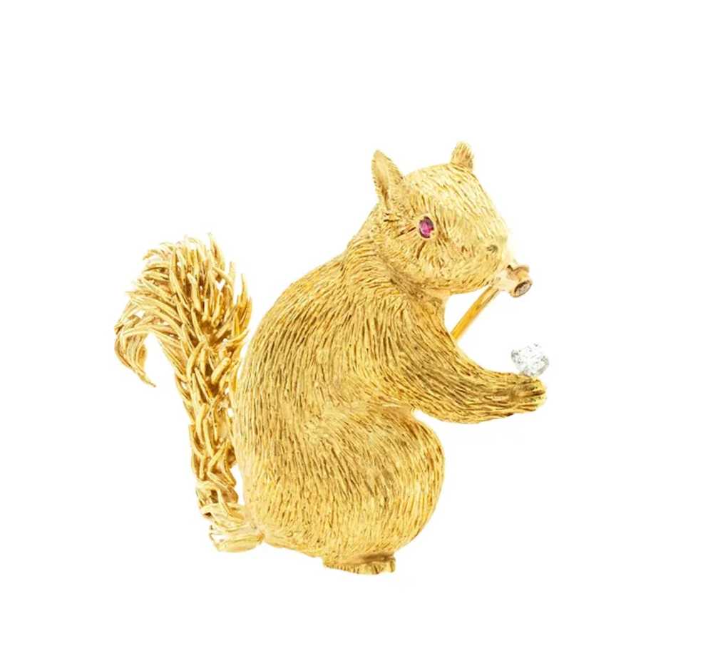 Diamond Ruby Yellow Gold Squirrel Clip Brooch - image 3