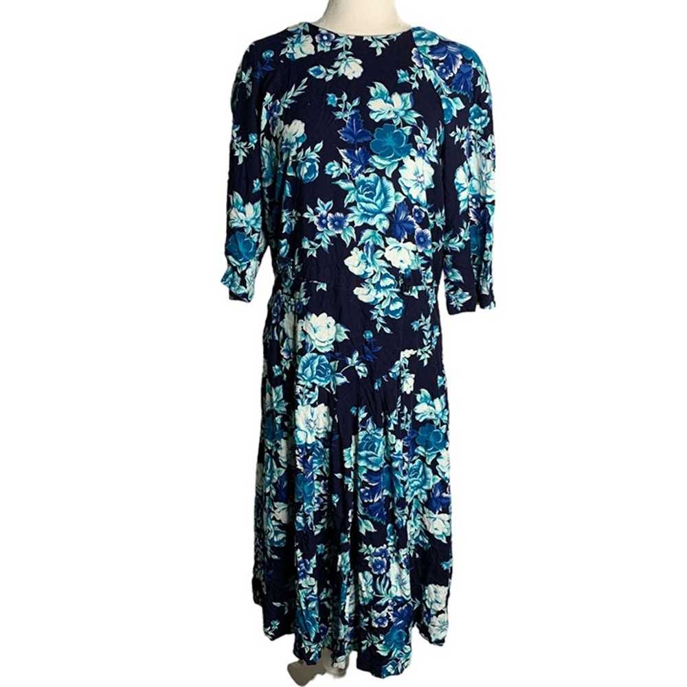 Vintage 80s Betsys Things Midi Dress 16 Blue Flor… - image 1